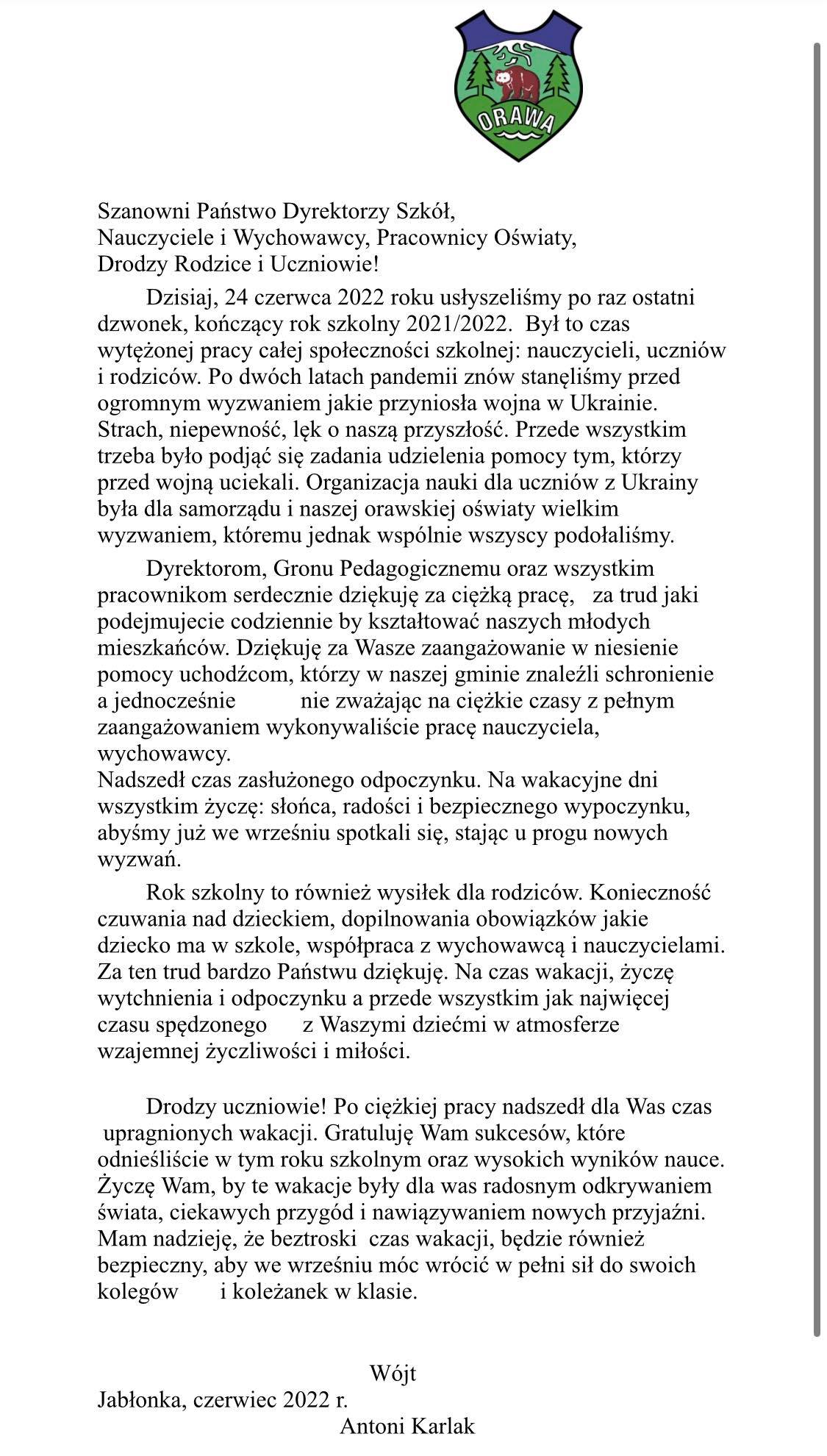 List Wójta Gminy Jabłonka